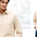 Camisa de manga larga Tommy Jeans Original beige elegante y ceñida para hombre