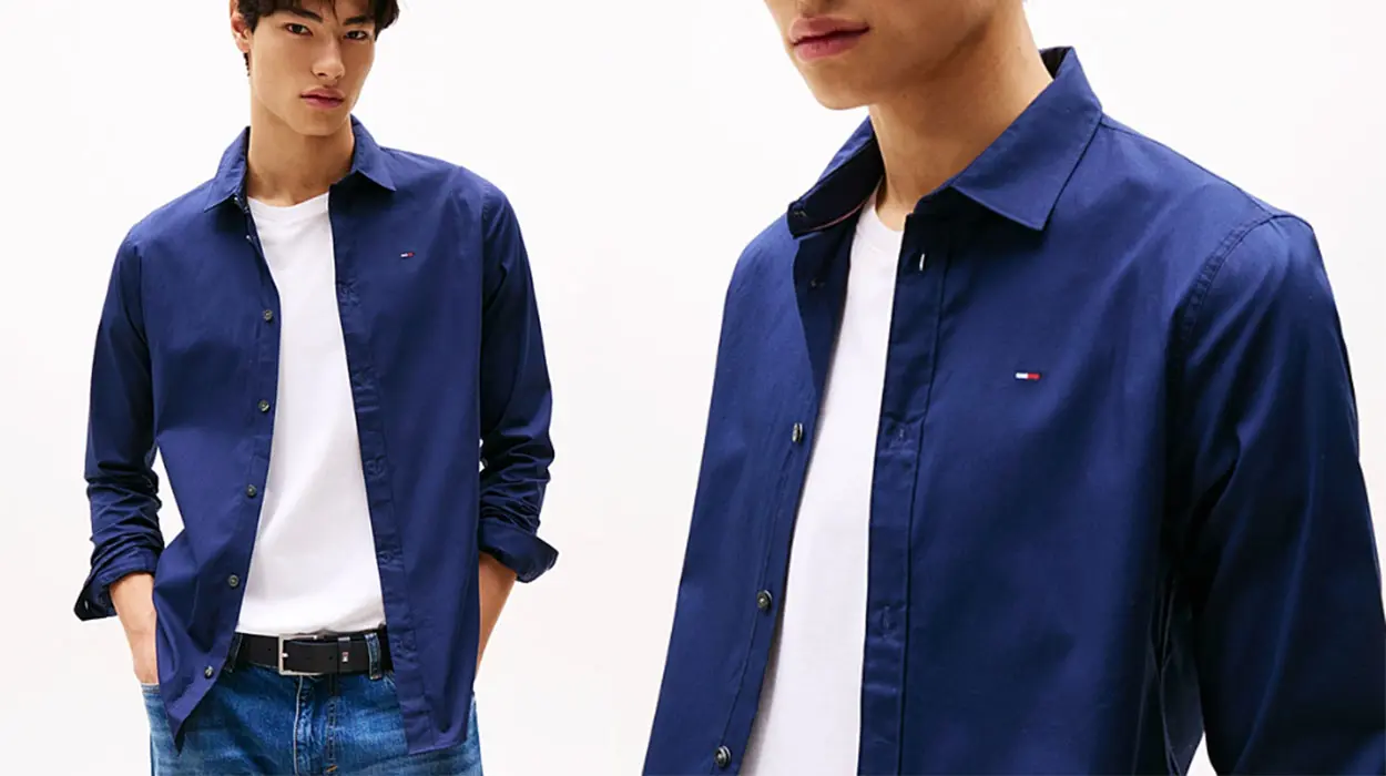 Camisa Tommy Jeans TJM slim de manga larga para hombre en azul marino barata