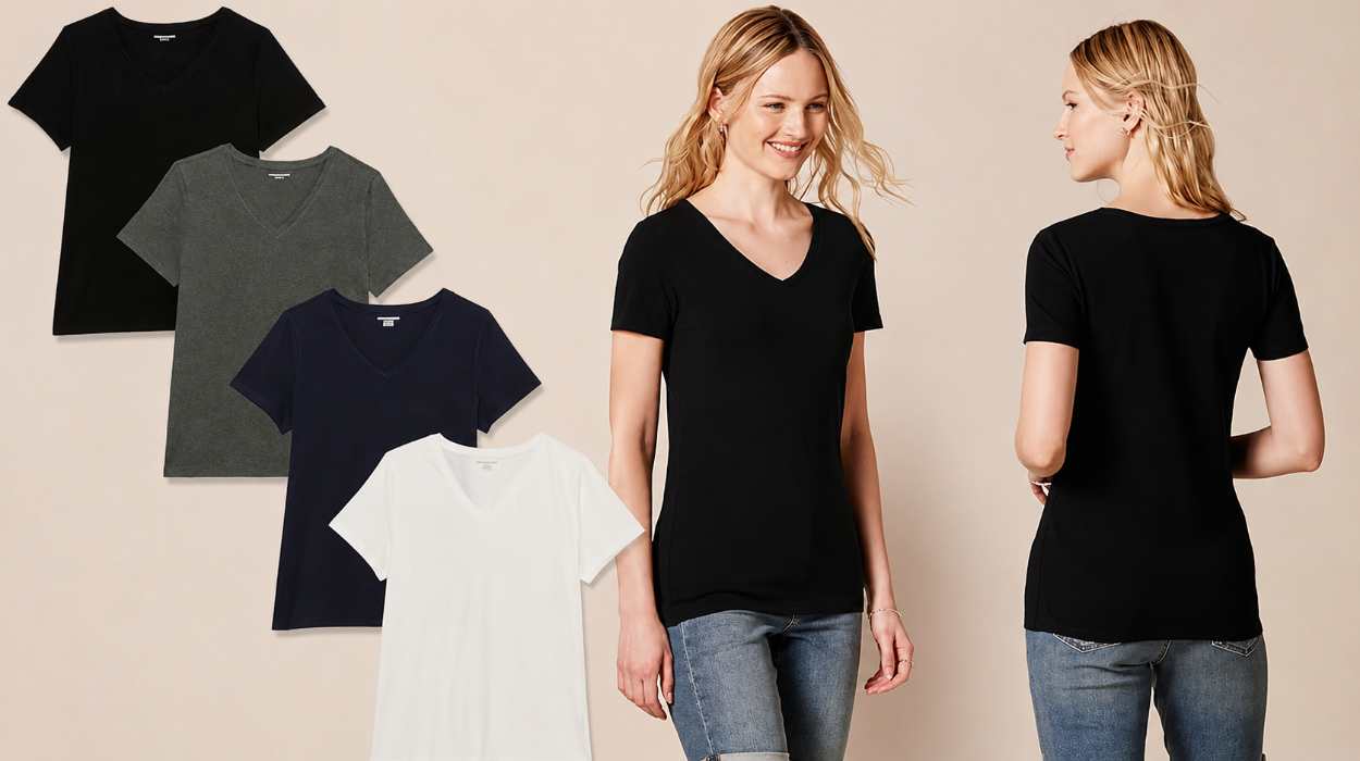 Pack x4 camisetas de manga corta Amazon Essentials para mujer con cuello redondo o en V