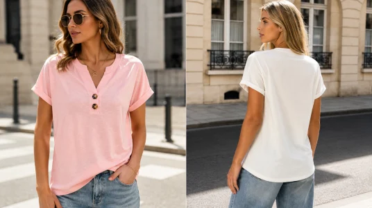 Camiseta oversize para mujer Litherday, cuello V con botones y manga corta rosa