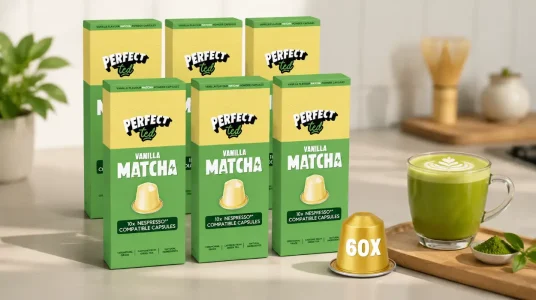 Cápsulas de Matcha Vainilla Perfect Ted, compatibles con Nespresso. 60 cápsulas de matcha ceremonial de Japón