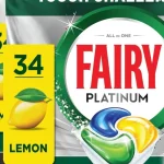 Fairy Platinum Cápsulas para Lavavajillas Limón, paquete de 4 con 34 cápsulas cada uno