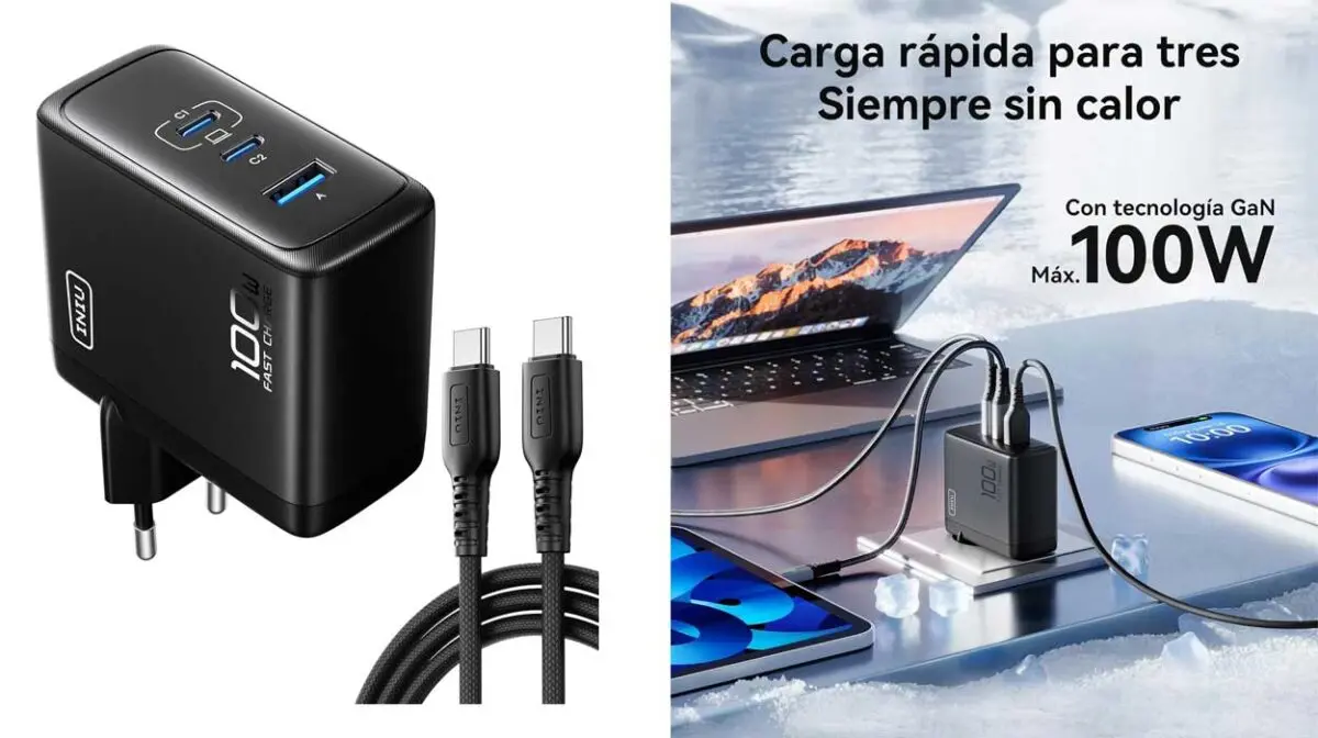 Cargador de pared INIU USB-C 100W PD 3.0 GAN de 3 puertos