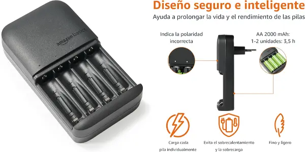 Cargador de pilas Amazon Basics con 4 pilas AA