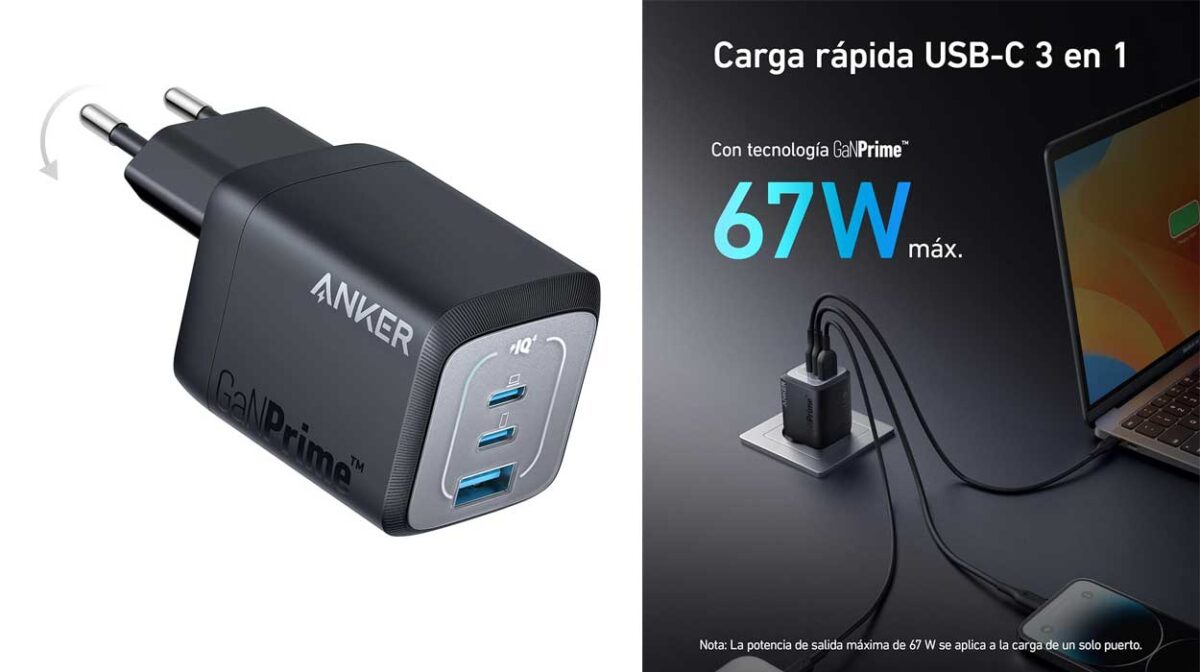 Cargador de pared Anker Prime GAN USB-C de 67W