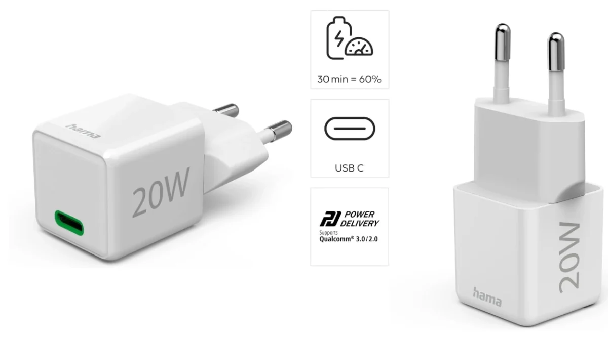 Cargador Hama Super Mini de 20W USB-C con carga rápida PD y QC