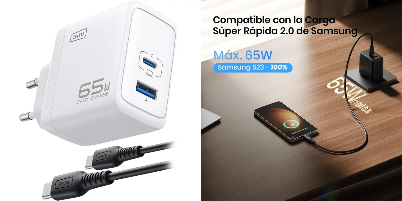 Cargador INIU de 65W con USB-C y USB