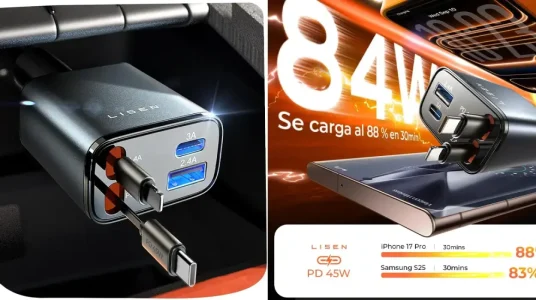 Cargador de coche Lisen con cables retráctiles y carga rápida PD