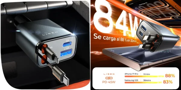Cargador de coche Lisen con cables retráctiles y carga rápida PD