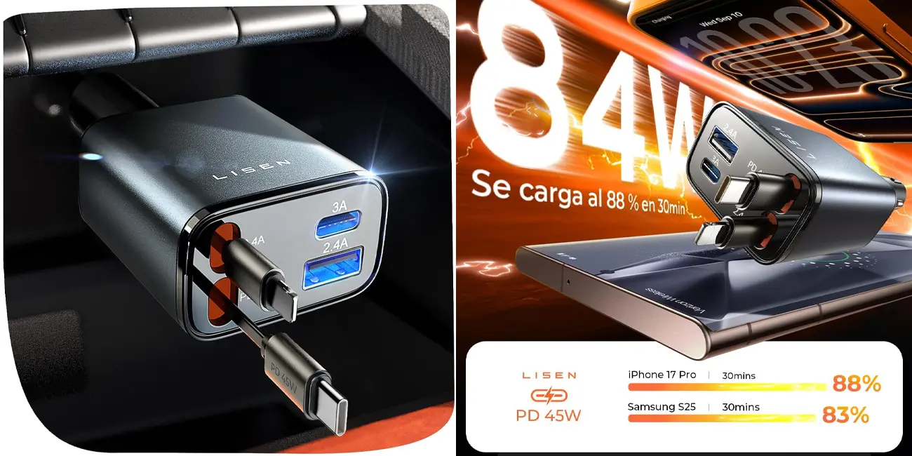 Cargador de coche Lisen con cables retráctiles y carga rápida PD