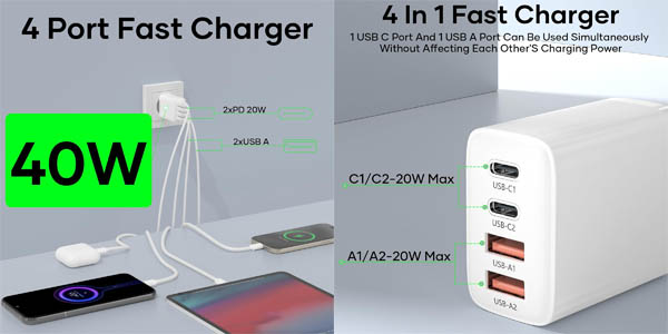 Cargador INNISTO de 40W con 2x USB-C y 2x USB PD 3.0