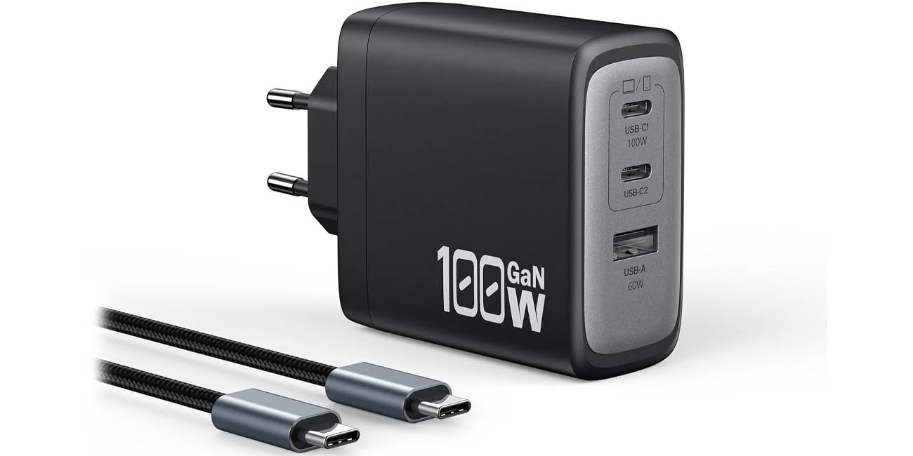 Cargador OUFUYU GaN de 100W con 2x USB-C + USB