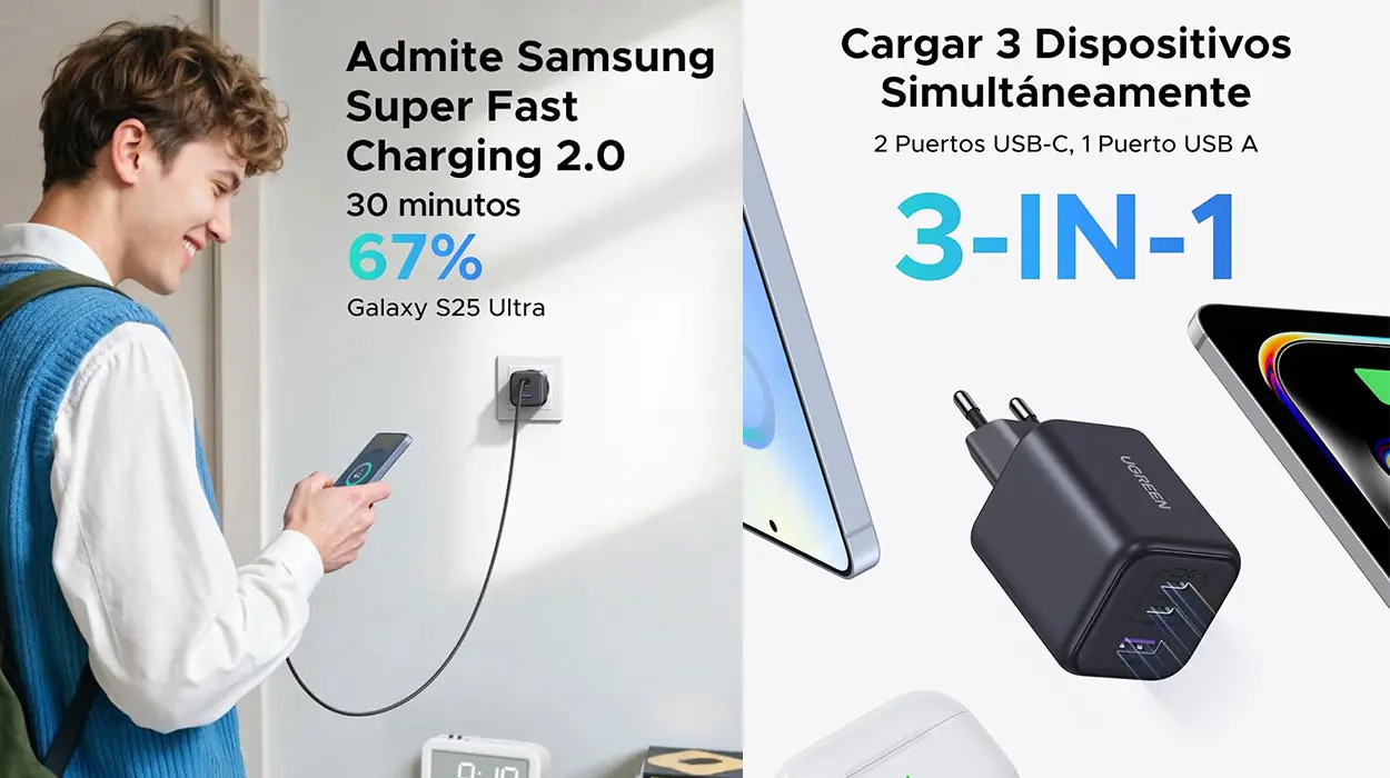 Cargador Ugreen de 45 W con 2 USB-C + USB-A barato