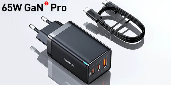 Cargador Baseus GaN5 Pro 2x USB-C + USB de 65W