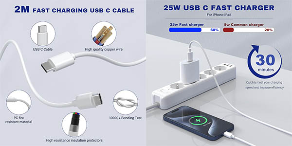 Cargador USB-C de carga rápida de 25 W + cable USB-C de 2 metros