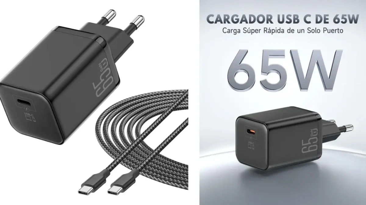 Cargador USB-C de 65W GaN II con carga rápida PD3.0 y cable trenzado de 2 metros