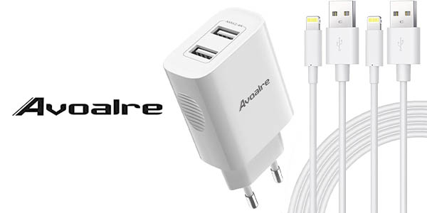 Cargador USB Avoalre de 12 W con 2 puertos + 2x cables Lightning MFi