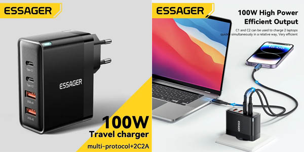 Cargador USB Essager de 100W con 2x USB + 2x USB-C