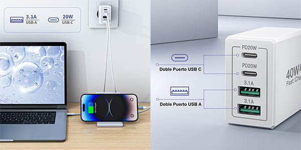 Cargador múltiple Aioneus con 2x USB-C y 2x USB