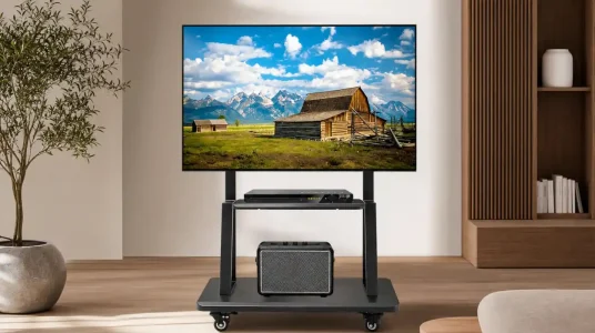 Carrito de TV Hellsehen móvil con ruedas y altura regulable para pantallas de 32 a 75 pulgadas