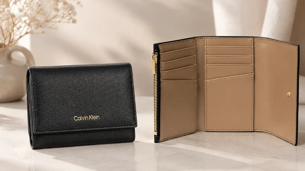 Cartera Calvin Klein Foil triple para mujer con logotipo y bolsillo con cremallera