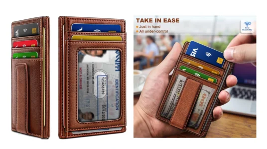 cartera de cuero con clip para billetes y tarjetas con bloqueo RFID