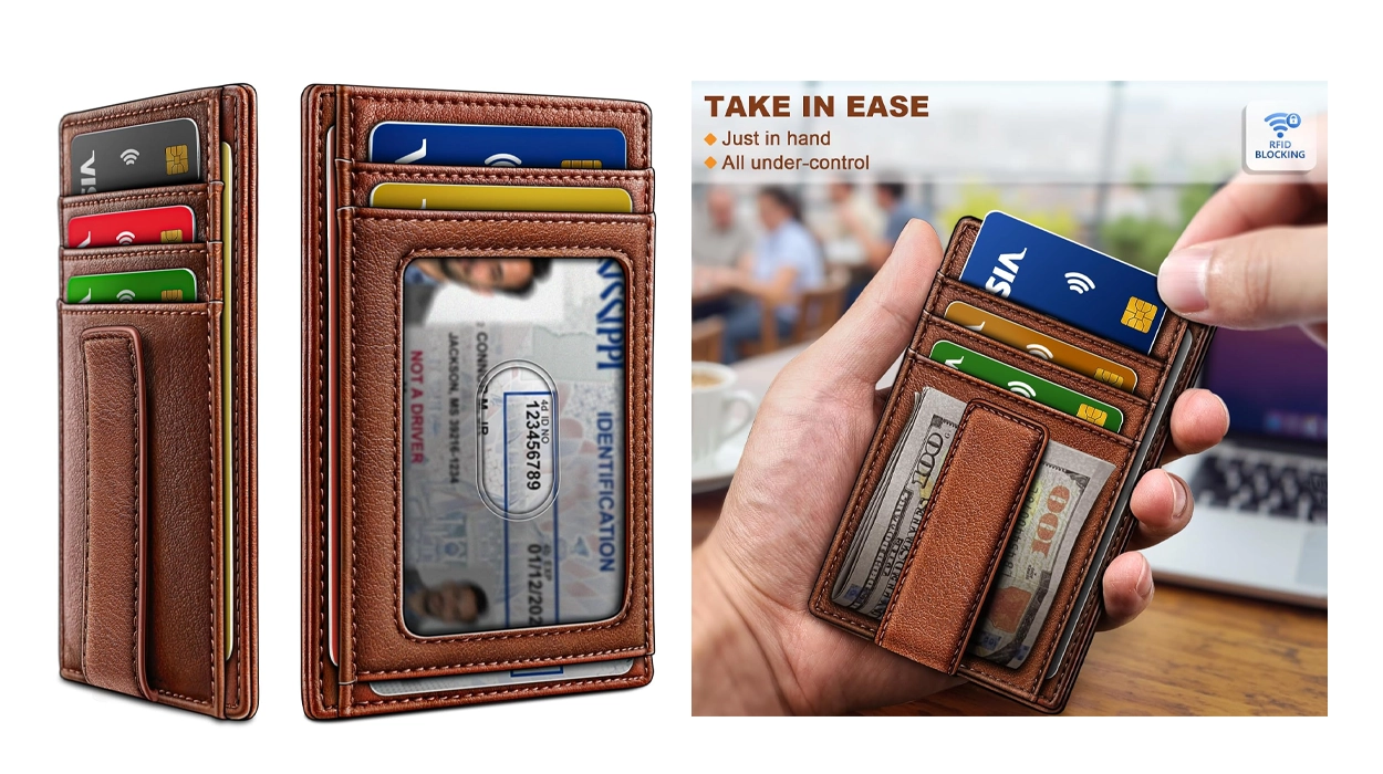 cartera de cuero con clip para billetes y tarjetas con bloqueo RFID