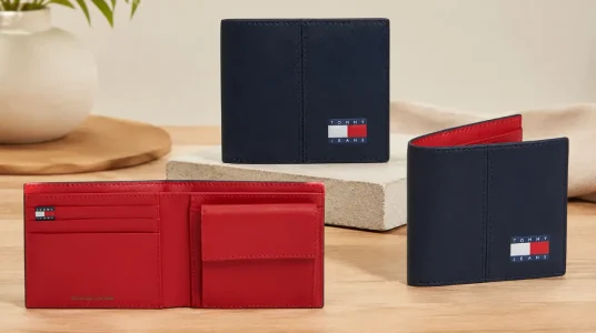 Cartera plegable Tommy Jeans Heritage Leather azul marino