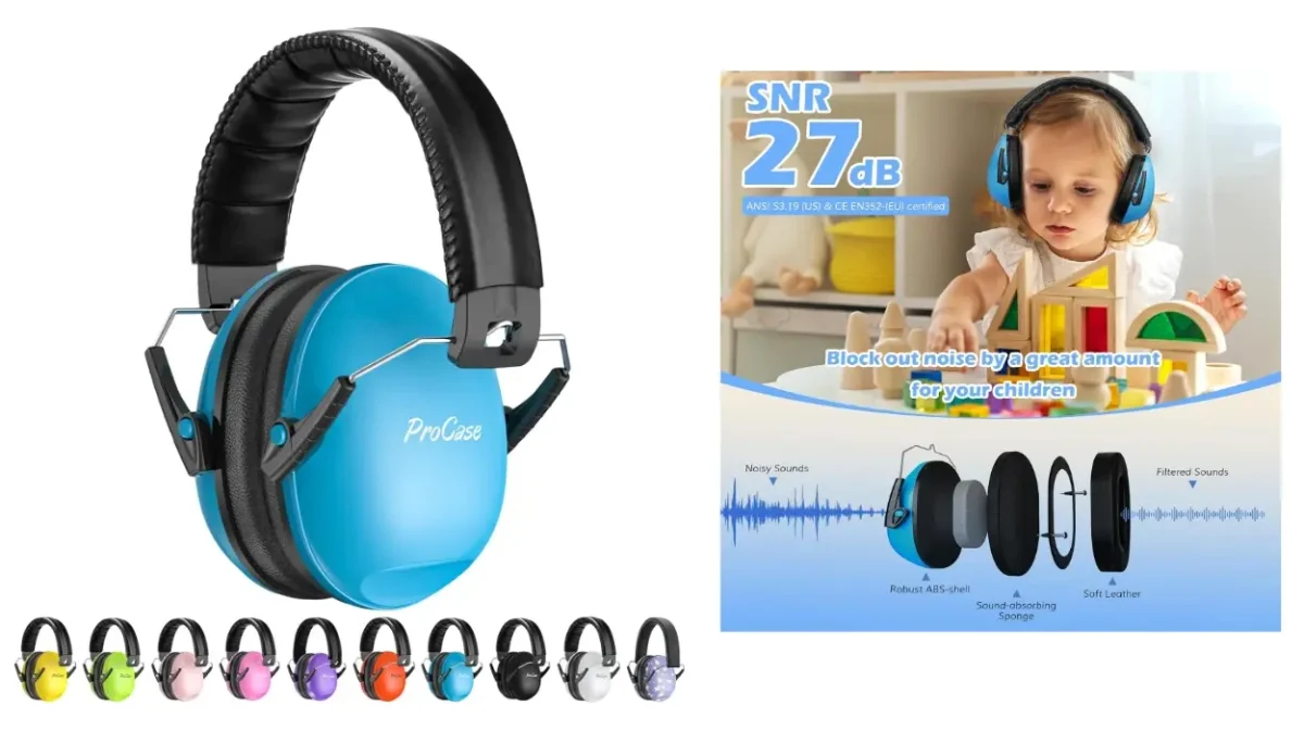 Casco antirruido Procase para niños con protección SNR 27 dB y diadema ajustable