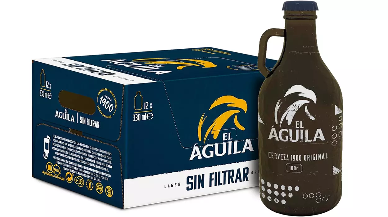 Pack x12 cervezas El Águila Sin Filtrar de 33 cl y una botella vintage de regalo