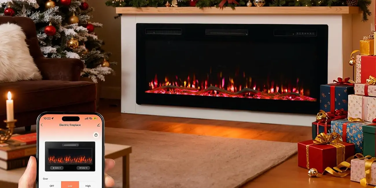 50" Chimenea Eléctrica con Calefacción, 1000W/2000W Chimenea Decorativa, 12 Colores de Llama 3D, 12 Colores de Fuego de Madera, Control Remoto & App, Incluido Mueble Chimenea