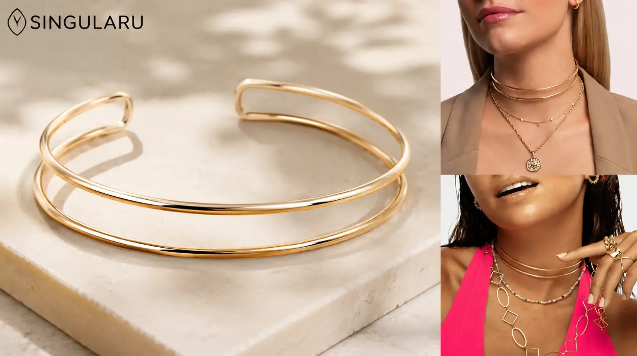 Collar rígido SINGULARU Choker Double Ring bañado en oro de 18 kt