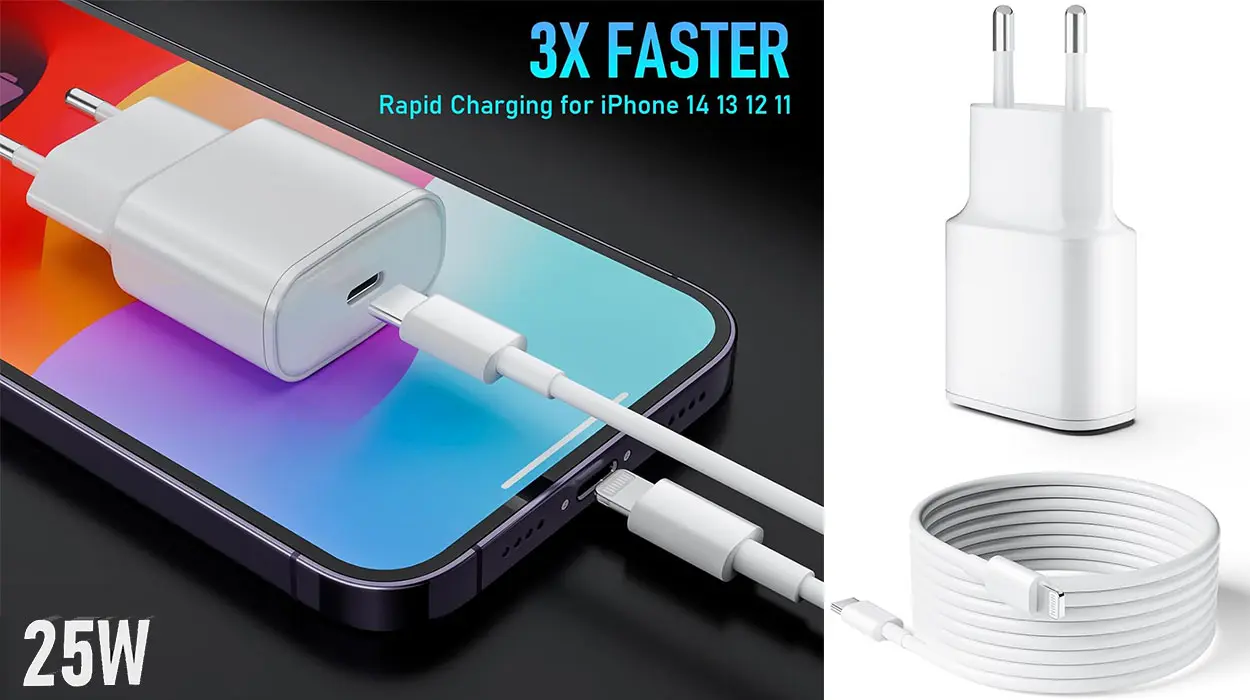 Cargador rápido USB-C de 25 W con cable Lightning para iPhone