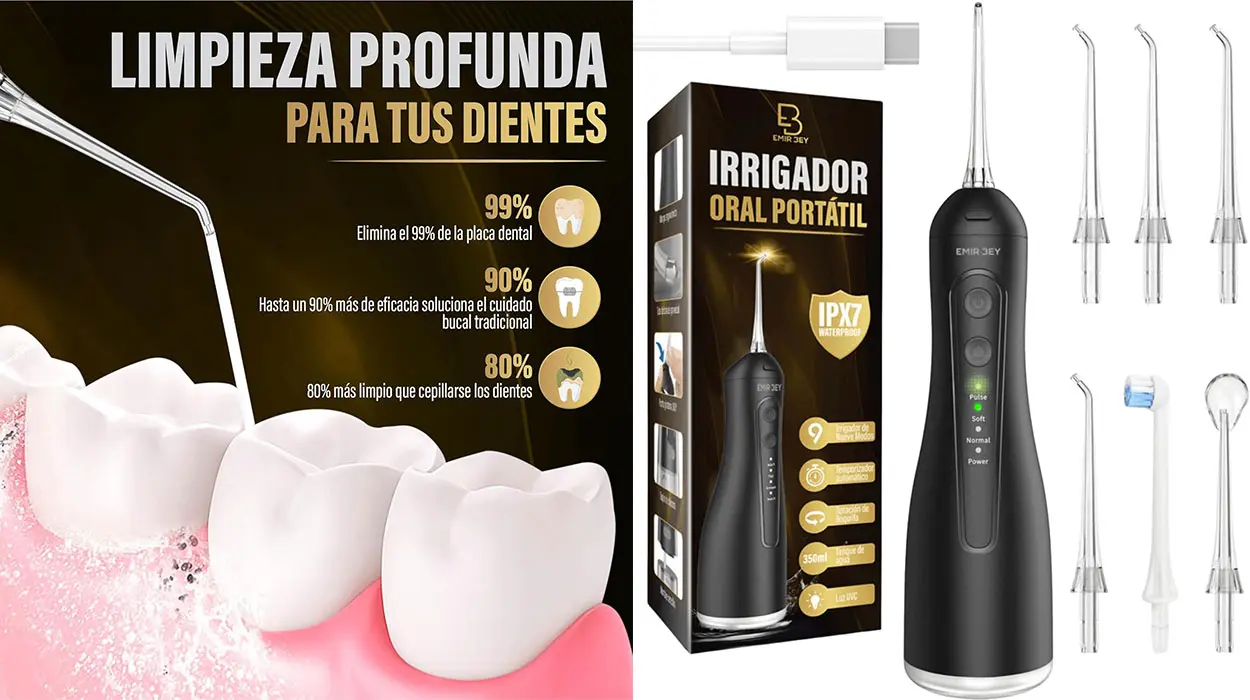 Chollo Irrigador bucal portátil Emir Bey de 350 ml con 6 boquillas