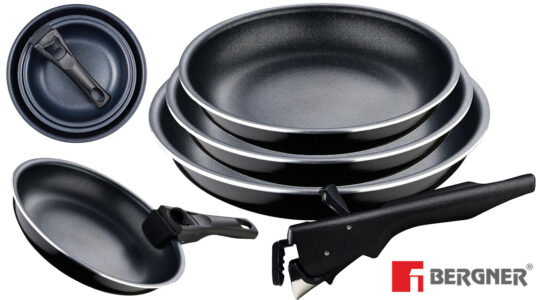 Chollo Juego de 3 sartenes Bergner Click&Cook Black Edition con mango extraíble