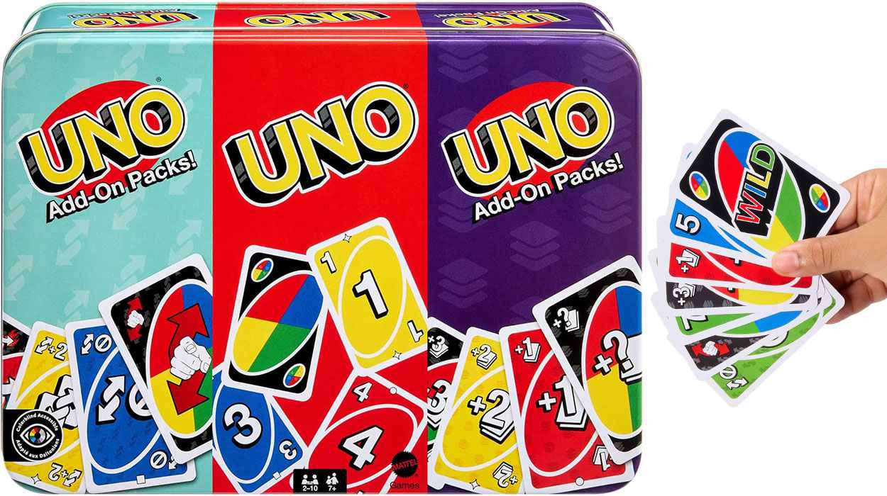 Juego UNO en caja metálica con 2 packs de expansión
