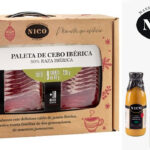 Maletín de regalo Nico con paleta de cebo ibérica 50% y botella de caldo de jamón