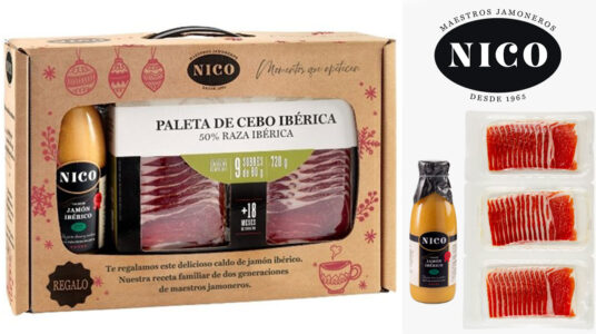 Maletín de regalo Nico con paleta de cebo ibérica 50% y botella de caldo de jamón