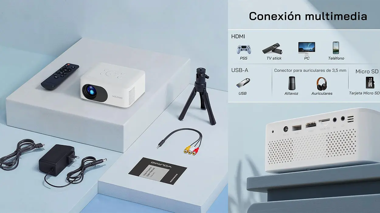 Mini proyector Wolfgang WP02 Full HD con Wi-Fi y trípode 