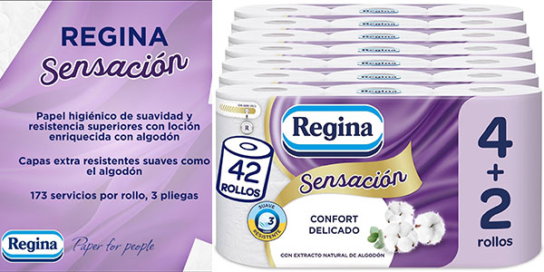 Chollo Pack de 42 rollos de papel higiénico tricapa Regina Sensación