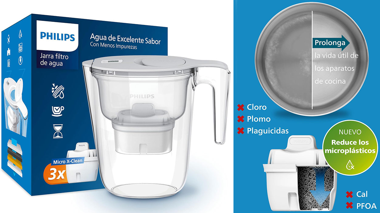 Chollo Pack Jarra de filtrado de agua Philips Micro X-Clean con 3 cartuchos de repuesto