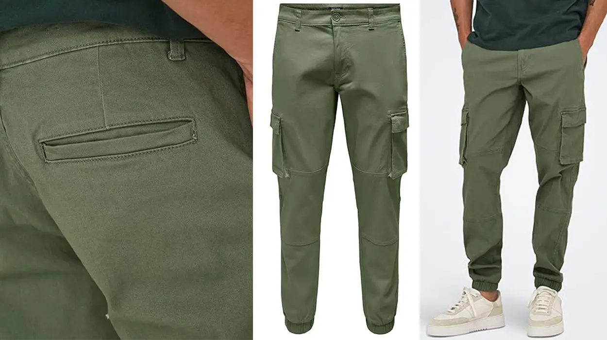 Pantaloni Cargo Uomo ONLY & SONS ONSCAM – Verde Lichen, Taglio Slim, 78% Cotone, Vita 31