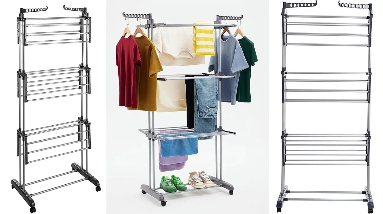 Tendedero de tipo torre Amazon Basics con alas plegables y 4 niveles