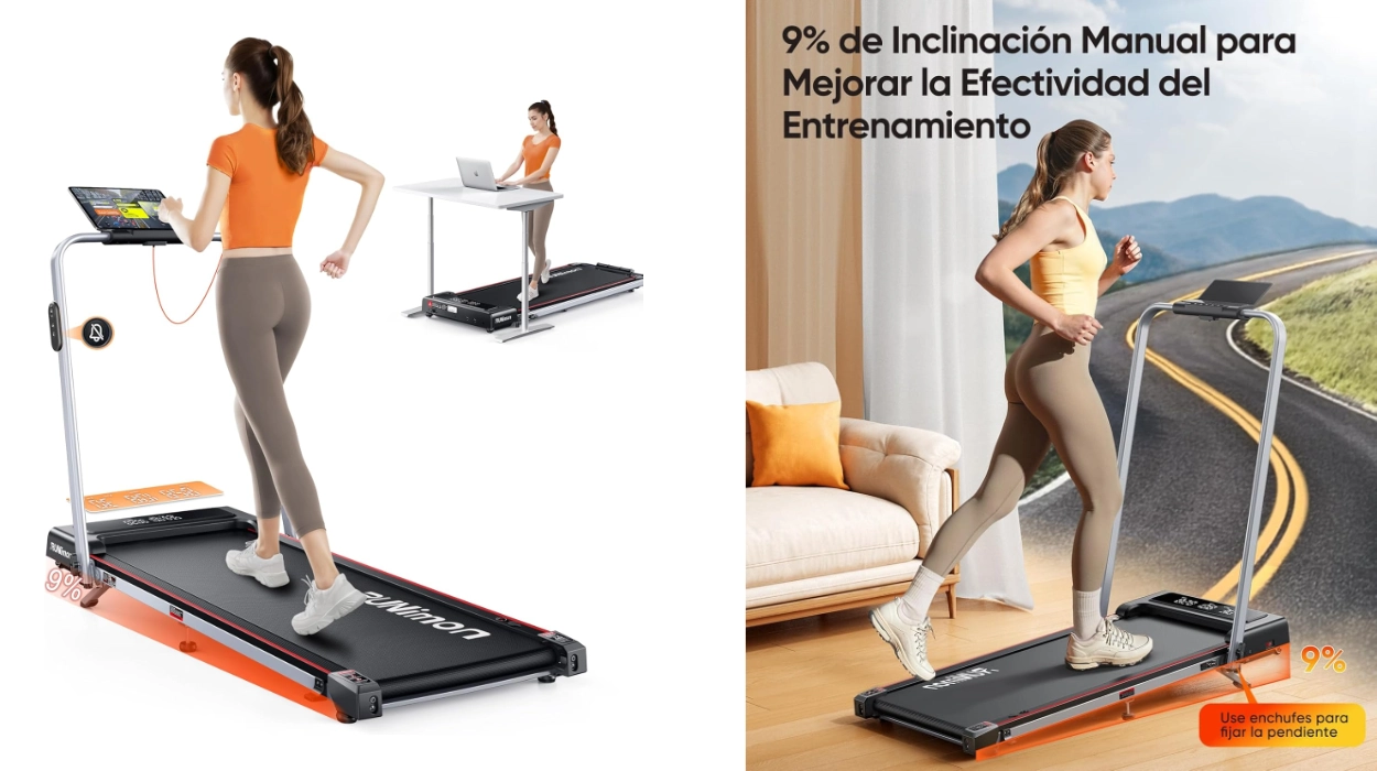 Cinta de correr plegable 6 en 1 con inclinación del 9% y Cinta de correr plegable 6 en 1 con inclinación del 9% y pantalla LED