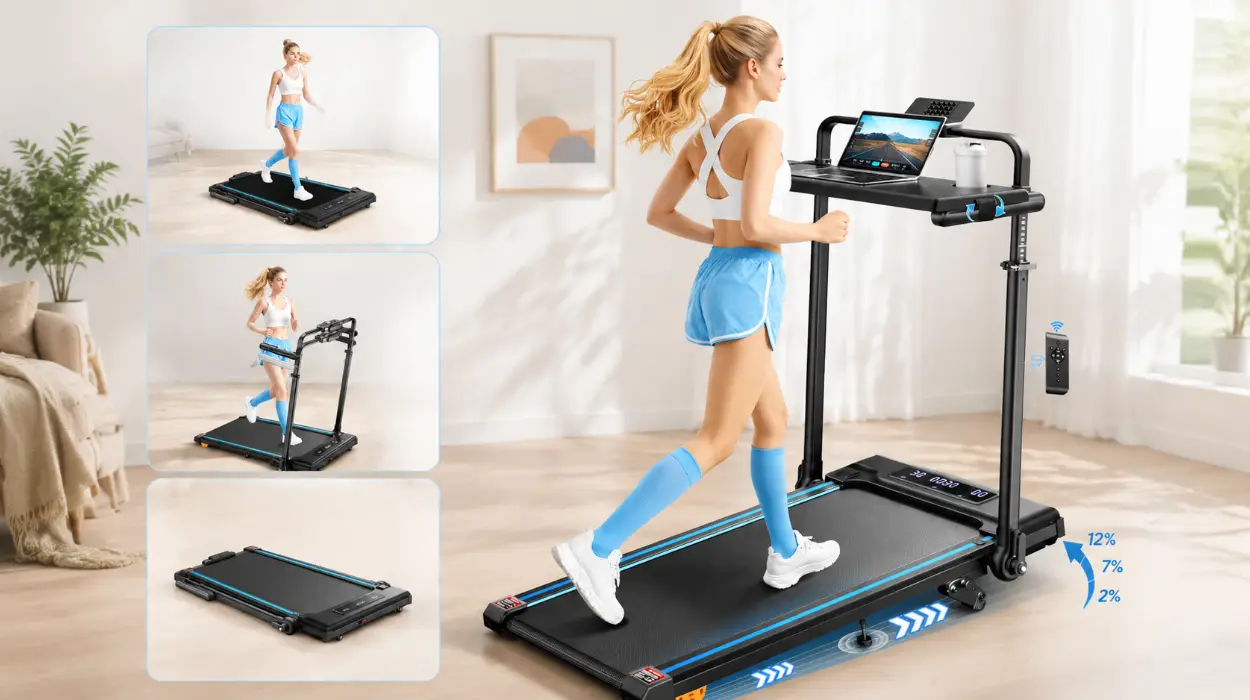 Cinta de correr RUNIMON plegable 6 en 1 con inclinación ajustable y escritorio desmontable
