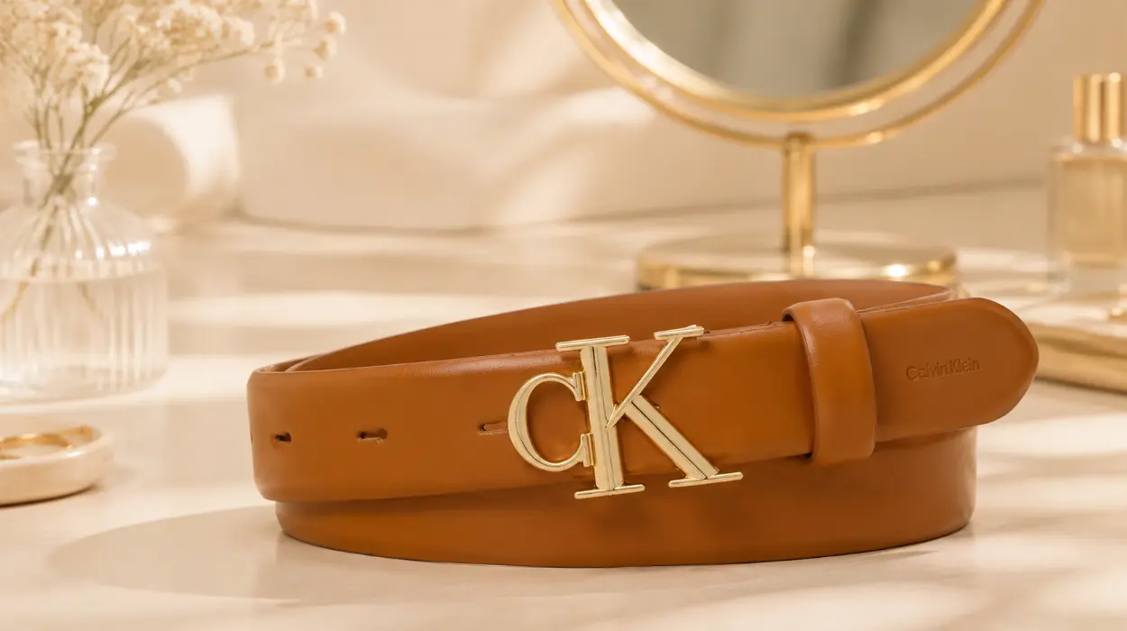 Cinturón de piel para mujer Calvin Klein CK Logo de 3.5 cm en marrón y dorado