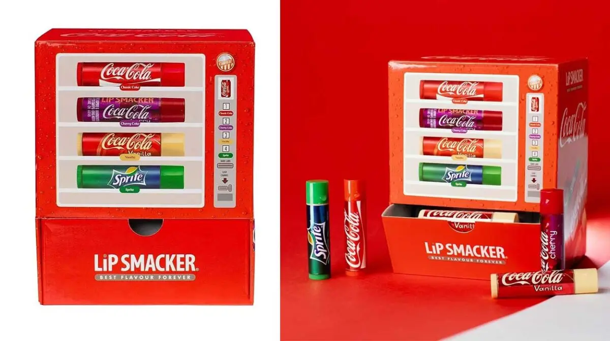Este surtido de bálsamos labiales Coca-Cola Lip Smacker en máquina expendedora es totalmente irresistible