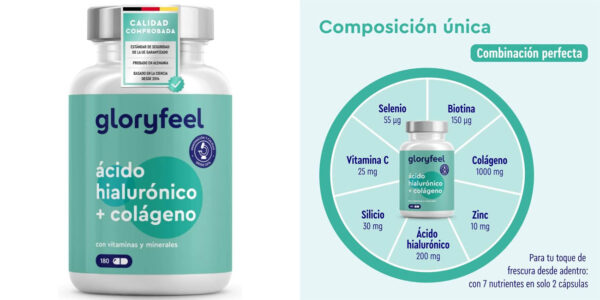 Envase x180 Cápsulas Colágeno + Ácido hialurónico GloryFeel con vitaminas y minerales