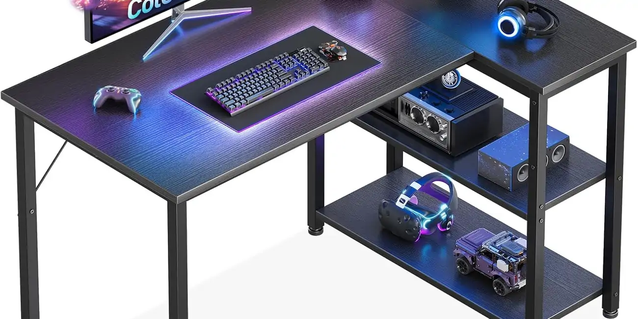 Coleshome Escritorio Gaming, 100x70cm Escritorio Esquinero con Estante de Almacenamiento Reversible, Mesa Escritorios Que Ahorra Espacio, Adecuado para Escritorios de PC en Rincones Familiares, Negro