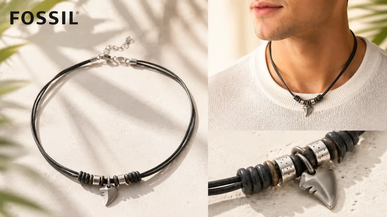 collar Fossil de cuero negro para hombre